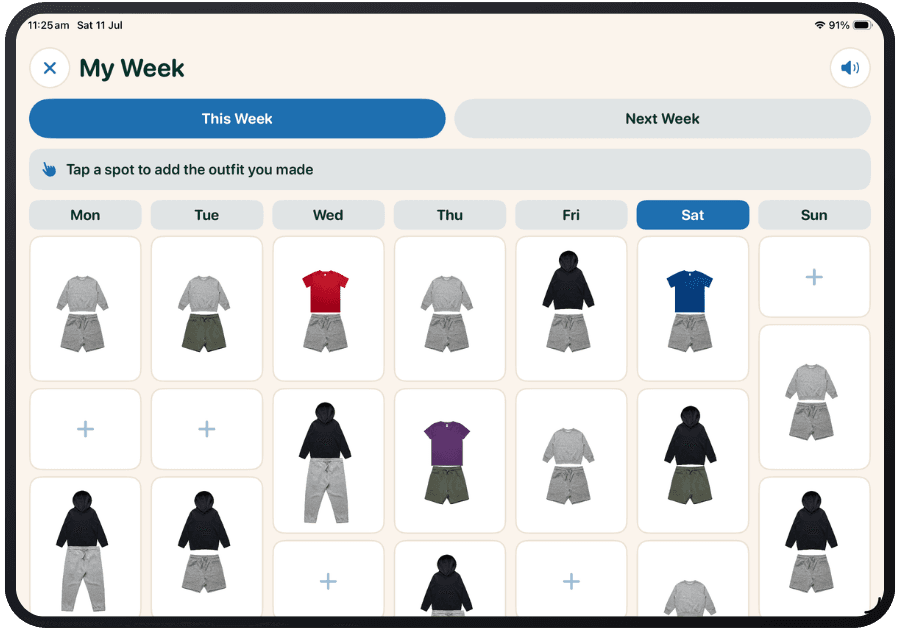 My Week planner showing full outfits assigned across Monday to Sunday
